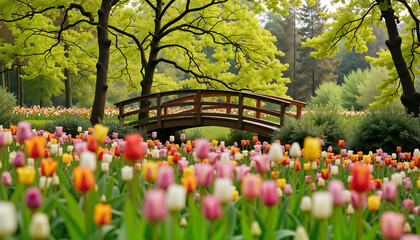 Obraz premium Tulip Festival, serene blooming tulips beneath wooden bridge, paradise