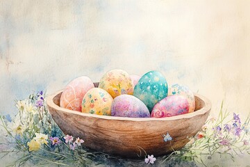 Colorful Easter eggs arranged in a wooden bowl surrounded by delicate flowers and soft pastel hues
