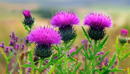 Obraz premium Vibrant purple thistle flowers in full bloom, showcasing their spiky texture and delicate petals against a blurred background.