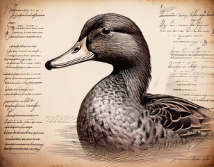 Old hand drawing for scientific illustration of mallard duch annotations on the sides on old, stained paper.
