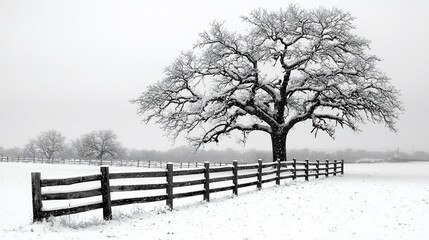 Fototapeta premium Snowy Winter Landscape with Old Fence and Tree