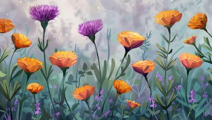 Fototapeta premium Vibrant orange and purple wildflowers in a dreamy, softly lit field. A stunning display of nature's beauty.