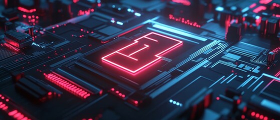 Obraz premium Futuristic digital circuit board with glowing neon elements and number one