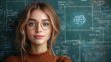 Thoughtful woman in glasses standing near brain diagram on chalkboard