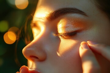 Close-up of a woman's eye with golden shimmer eyeshadow, bathed in sunlight.
