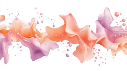 Fluid watercolor splatters in soft pink and purple hues create dynamic visual. gentle waves and bubbles evoke sense of movement and creativity