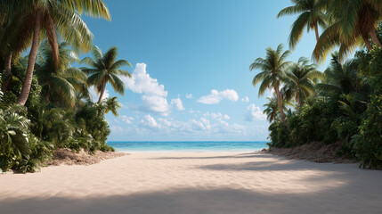 Fototapeta premium A tropical beach scene with palm trees, turquoise water, and clear skies