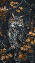 Horned Owl Among Autumn Leaves