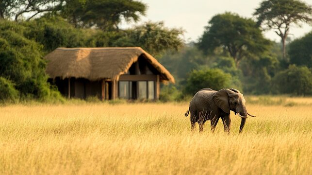 Elephant grazing in golden grasslands near lodge african savannah wildlife photography natural habitat side view conservation importance - Powered by Adobe