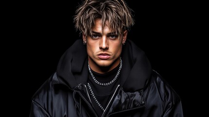 Fototapeta premium Head and shoulders portrait of a young man with brown hair, wearing a black jacket and silver chain, against a black background.
