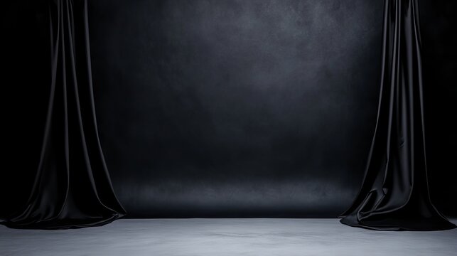 Dark studio shot with black curtains framing a dark background and gray floor.