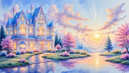 Fototapeta premium Majestic castle at sunrise surrounded by serene nature, dreamlike beauty