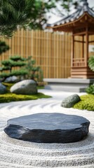  Luxury Stone Podium in a Serene Japanese Zen Garden with Raked Sand and Bonsai Trees. Copy space. Generative AI