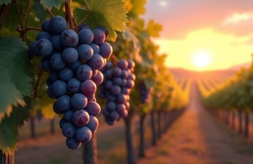 Illustration shows grapes on vine at golden sunset. Concept of viticulture, vinification. Scenic landscape with vineyard during harvest season. Vinery, winery at sun rays. Beautiful clusters, leaves.