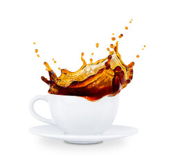 A white coffee cup with a splash of coffee spilling over. Isolated on a transparent background. Stock photo