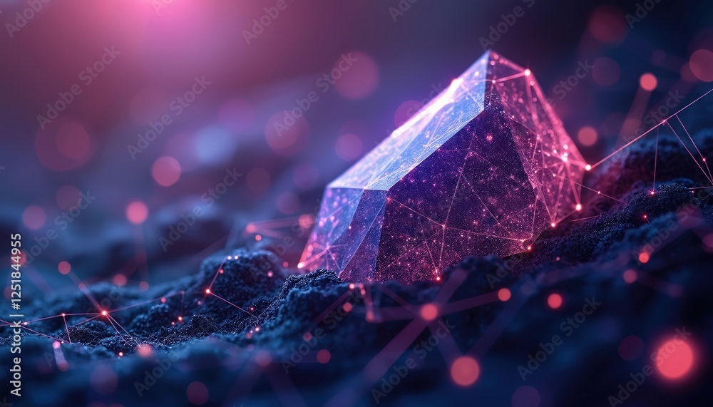 Fototapete Glowing polygon shape crystal, mesh in purple, blue color palette. Big data concept futuristic technology abstract background. Network connections, telecom server, plexus global computer networking