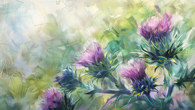 A vibrant watercolor painting of purple thistles in a lush green field. The soft colors and brushstrokes create a dreamy, romantic atmosphere.