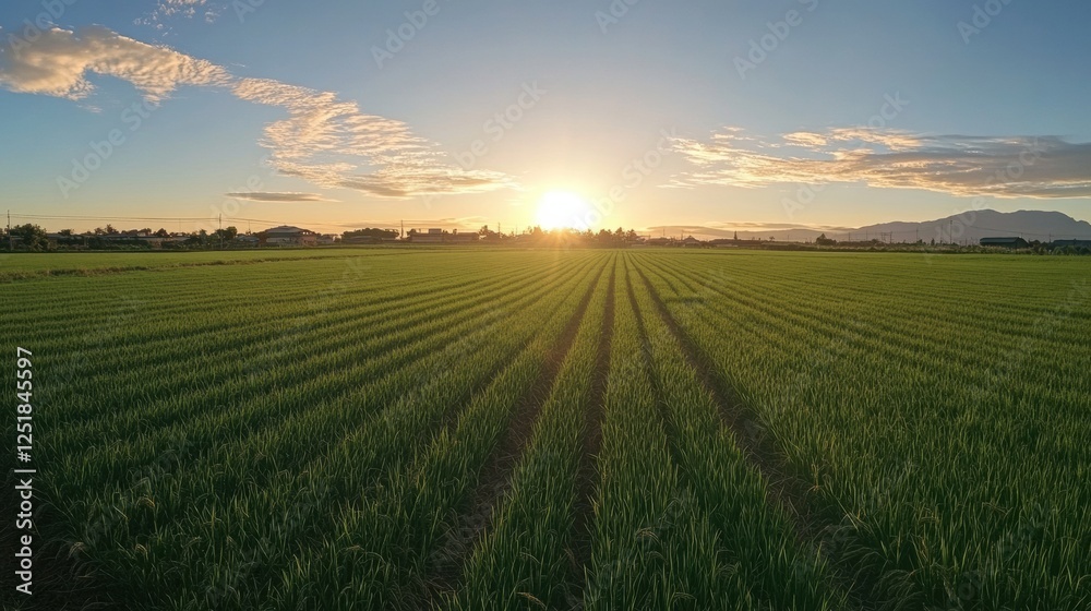 Aufkleber soft sunlight filling fresh air over green rice field at sunset creating long shadows across rows of