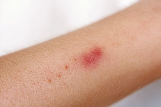 Close-up of a red, irritated insect bite on a person's forearm against a neutral background. This image represents skin irritation, allergies, and common dermatological conditions.