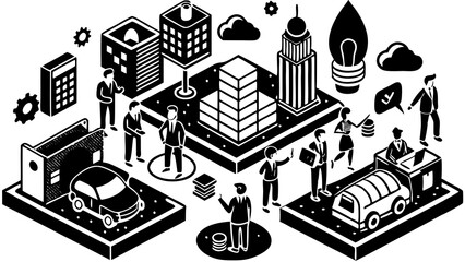Isometric city scene, black and white illustration, urban landscape, people silhouettes, office buildings, cars, calculator, cloud icon, light bulb, business concept,