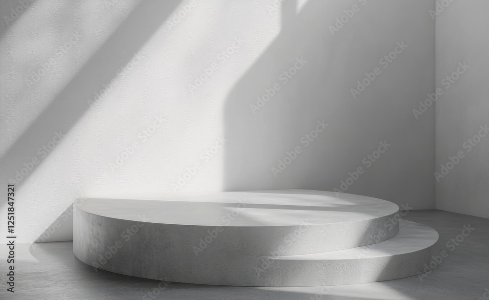 Poster Empty white pedestal in a studio with dramatic light creating shadows