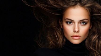 Fototapeta premium Portrait of a woman with long, flowing brown hair and green eyes, wearing a black turtleneck against a dark background.