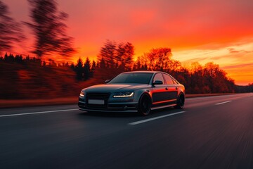 Fototapeta premium Black sedan driving fast on a highway at sunset with motion blur