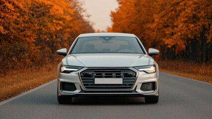 Modern white car driving on scenic autumn road