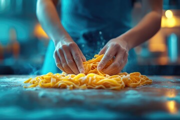 A chef's hands delicately shape fresh, golden pasta, a culinary masterpiece in the making.