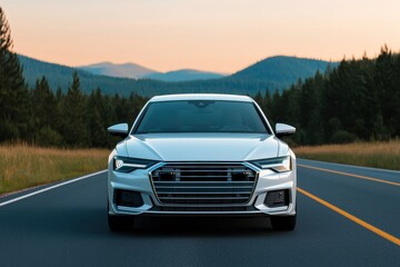 Modern white car driving on a scenic forest road at sunrise