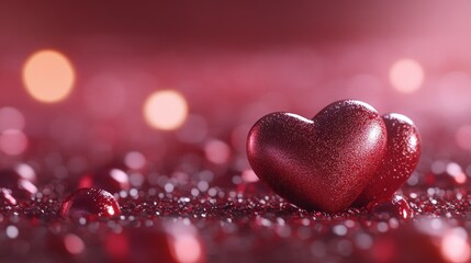 Fototapeta premium Two red hearts, bokeh background, Valentine's Day, romantic, greeting card