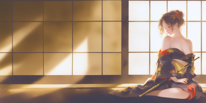 お客を待つ着物姿の女性。水彩画。イラスト。バナー素材。挿絵。