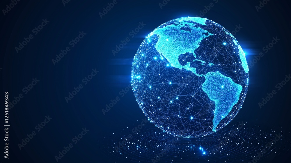 Fototapete Glowing blue digital Earth with interconnected data points, representing AI-driven connectivity, blockchain technology, and futuristic global networking, Generative AI