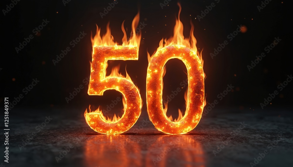 Poster fiery number 50. orange flame blaze on black background. hot 3d rendering design element for anniver