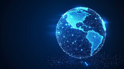 Naklejka premium Glowing blue digital Earth with interconnected data points, representing AI-driven connectivity, blockchain technology, and futuristic global networking, Generative AI