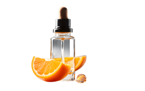 A sleek glass dropper bottle of vitamin C serum on a empty plain background