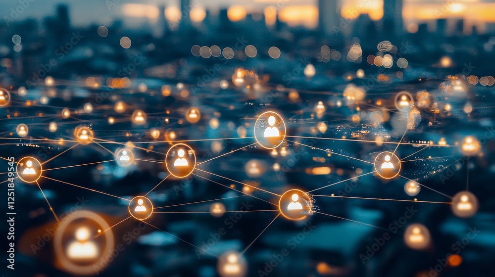 Poster Futuristic social network visualization with glowing connection icons, symbolizing global communication, digital networking, and online social media interaction, Generative AI
