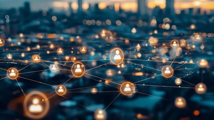 Futuristic social network visualization with glowing connection icons, symbolizing global communication, digital networking, and online social media interaction, Generative AI