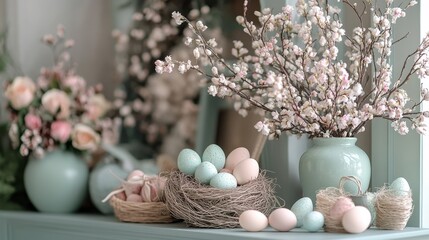 Obraz premium Easter celebration with pastel eggs, floral arrangements, and decorative baskets