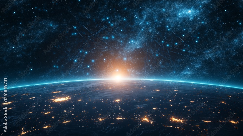 Poster Glowing blue digital Earth with interconnected data points, representing AI-driven connectivity, blockchain technology, and futuristic global networking, Generative AI