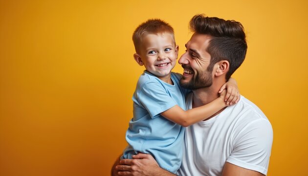 Happy father hugs son on orange studio backdrop. Dad and child embrace, showing love, happiness, carefree time together. Parent, kid bonding. Fatherhood, childhood. Family portrait, fathers day theme.