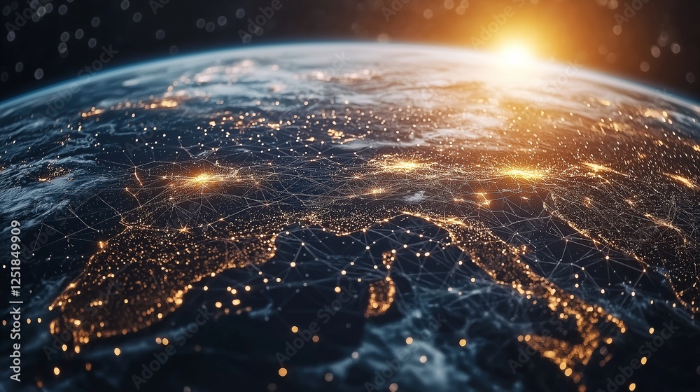Poster digital network connections across the world at sunrise, representing global connectivity, technolog