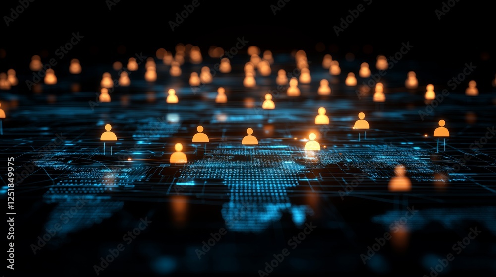 Poster futuristic social network visualization with glowing connection icons, symbolizing global communicat