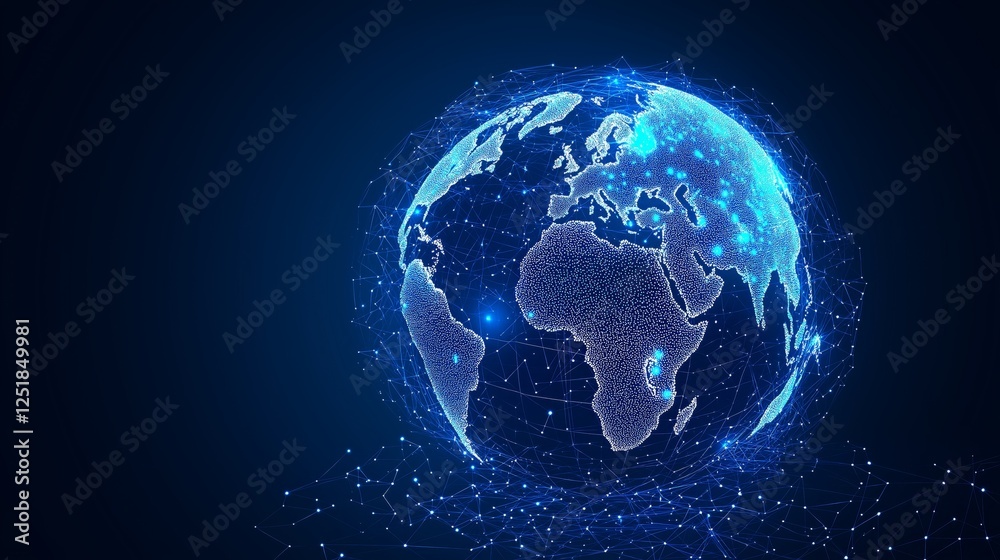 Poster Glowing blue digital Earth with interconnected data points, representing AI-driven connectivity, blockchain technology, and futuristic global networking, Generative AI