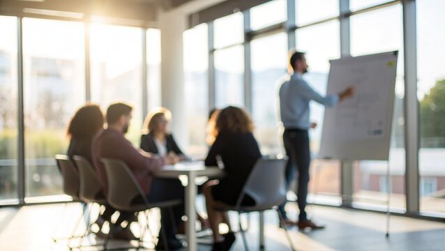 Presentation, blur and workshop with business people in meeting for financial, speaker and company valuation. Investment report, asset management and budget portfolio teaching with employees in office