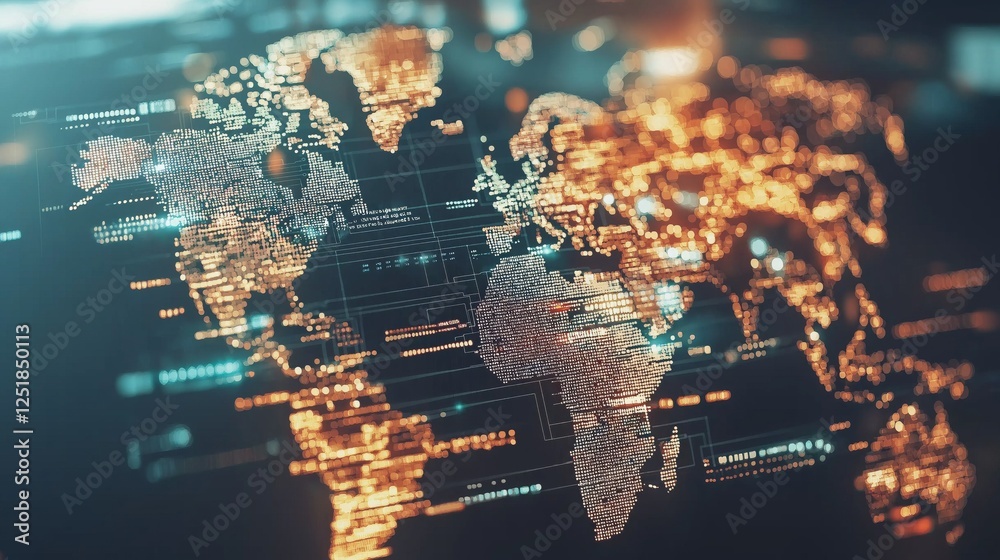 Aufkleber Futuristic digital world map with glowing data connections, representing global analytics, artificial intelligence, cybersecurity, and blockchain-driven economy, Generative AI
