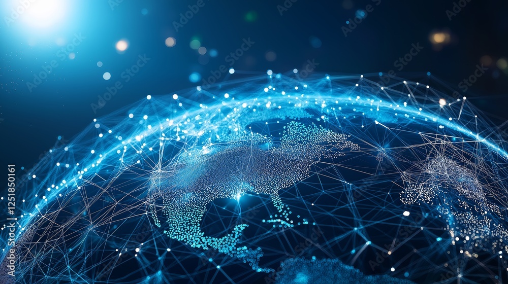Poster futuristic digital network of earth with glowing blue data connections, representing ai-driven globa