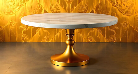 A round table with a gold base and a gold background