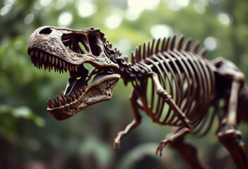Fototapeta premium Skeleton of a Tyrannosaurus Rex showcased in a museum, highlighting the grandeur of prehistoric creatures for visitors to admire.