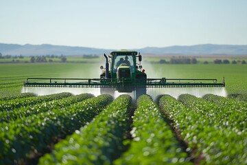 Agricultural tractor spraying pesticides on green crops, showcasing modern farming, crop cultivation, agribusiness, and agricultural technology for food production, Generative AI